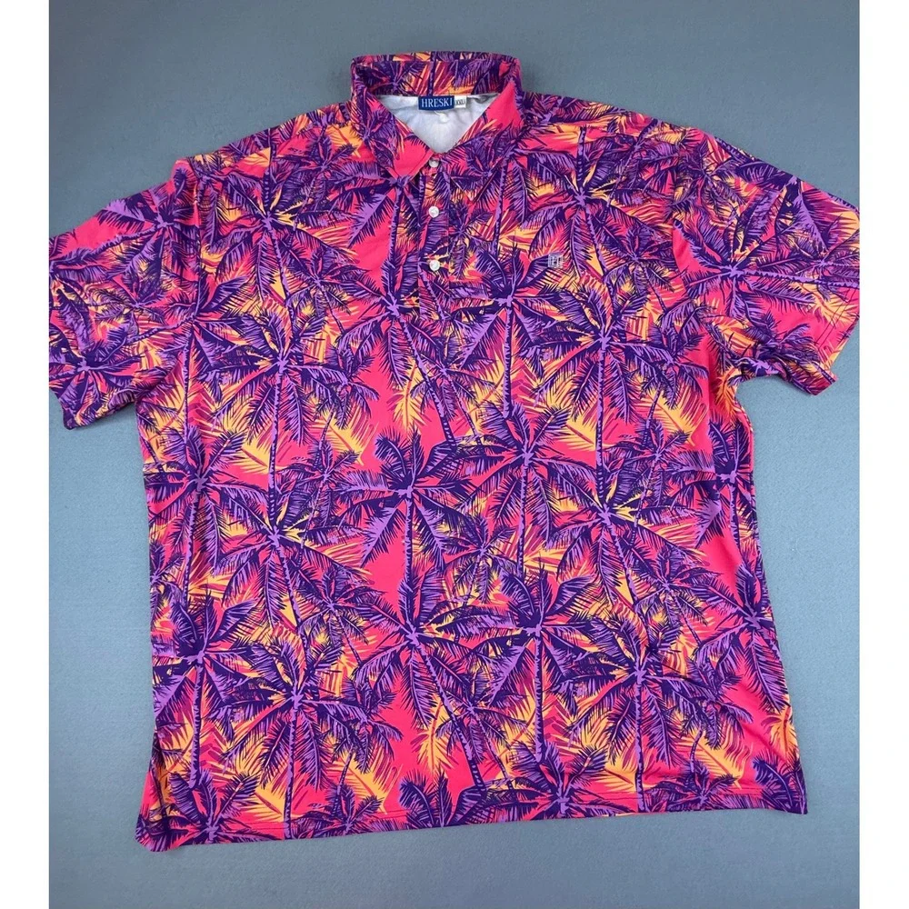 Hreski Polo Shirt Mens XXL Pink Purple Palm Tree Tropical Performance Golf Top
